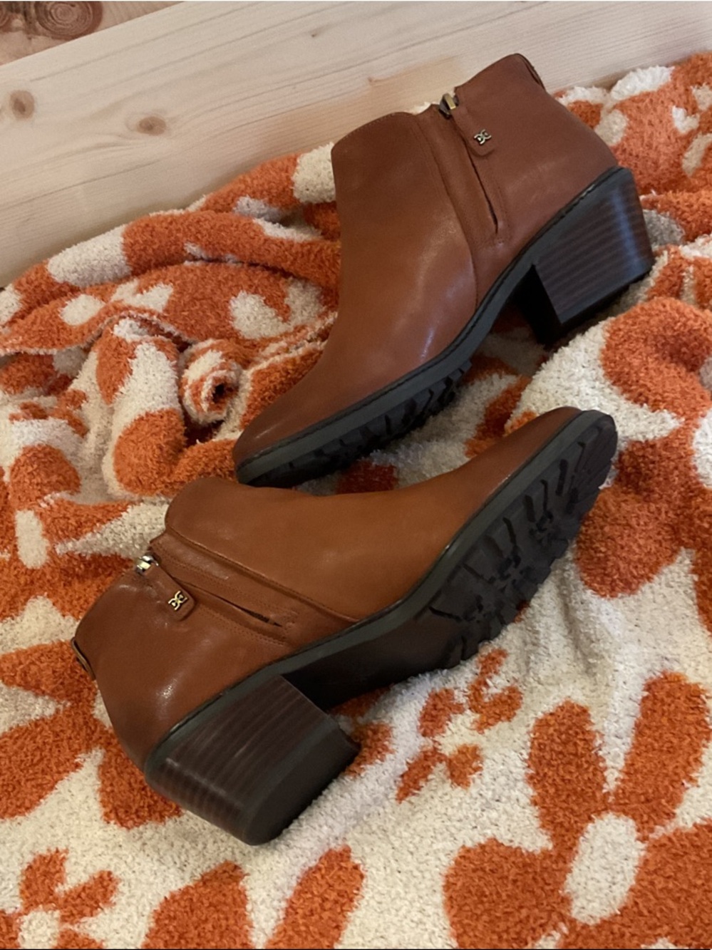 Sam Edelman Cognac Brown Leather Block Heel Ankle Booties